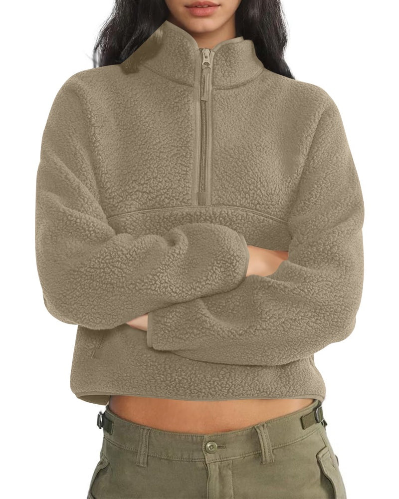 Womens Cropped Half Zip Fuzzy Warm Sherpa Pullover