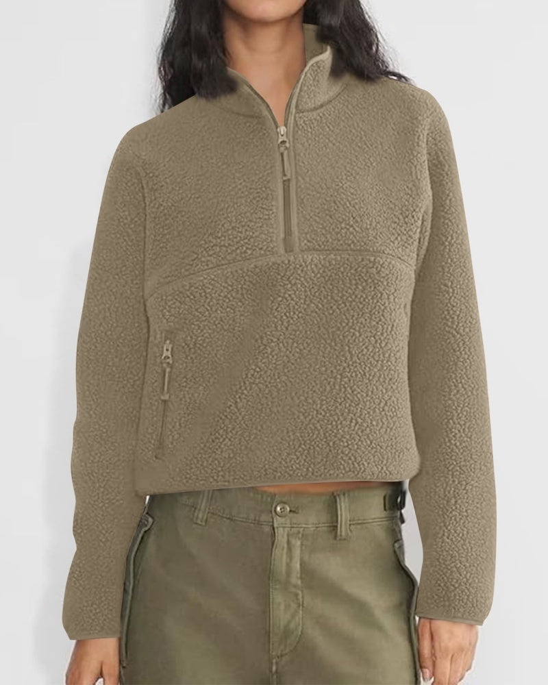 Womens Cropped Half Zip Fuzzy Warm Sherpa Pullover