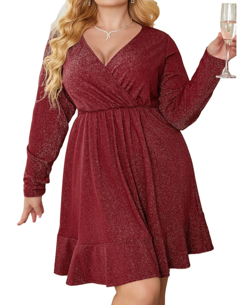 Women‘s Plus Size V Neck Glitter Dress