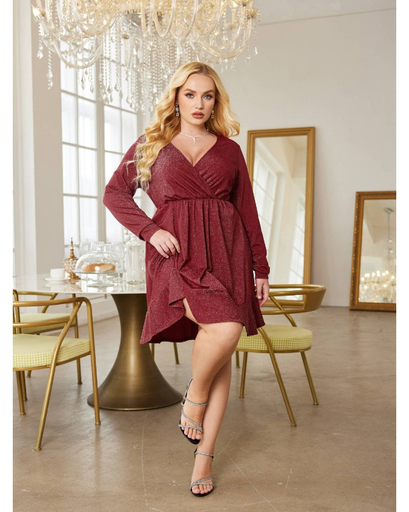 Women‘s Plus Size V Neck Glitter Dress