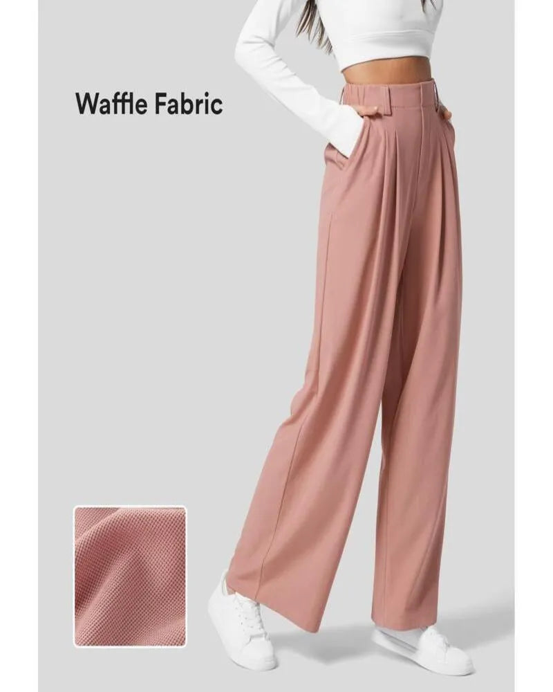 High Waisted Plicated Side Pocket Wide Leg Waffle Work Pants