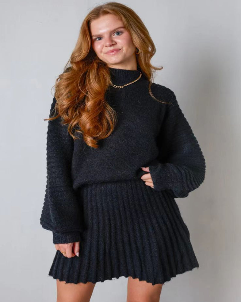 Women's Two Piece Outfits Turtleneck Long Sleeve Ribbed Knit Tops Pleated Mini Skirt 2025 Casual Sweater Sets
