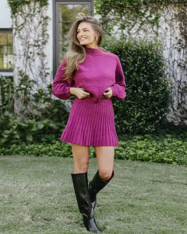 Women's Two Piece Outfits Turtleneck Long Sleeve Ribbed Knit Tops Pleated Mini Skirt 2025 Casual Sweater Sets