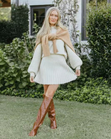 Women's Two Piece Outfits Turtleneck Long Sleeve Ribbed Knit Tops Pleated Mini Skirt 2025 Casual Sweater Sets