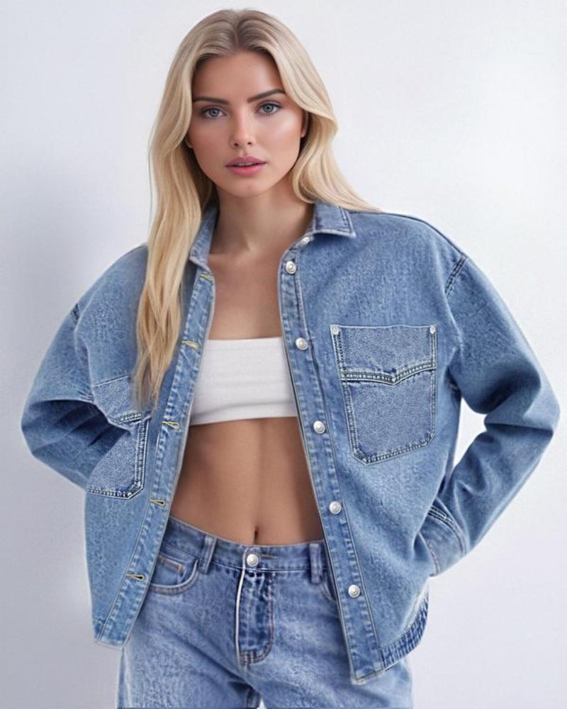 Women's Plain Button Front Drop Shoulder Curved Hem Denim Jacket