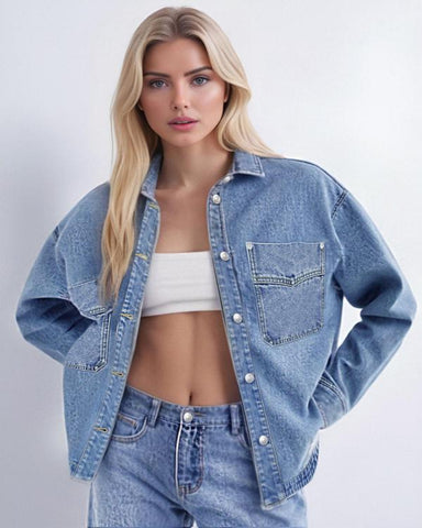Women's Plain Button Front Drop Shoulder Curved Hem Denim Jacket