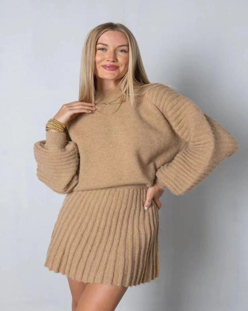 Women's Two Piece Outfits Turtleneck Long Sleeve Ribbed Knit Tops Pleated Mini Skirt 2025 Casual Sweater Sets