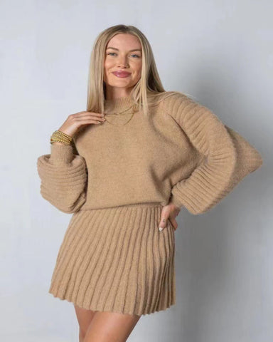 Women's Two Piece Outfits Turtleneck Long Sleeve Ribbed Knit Tops Pleated Mini Skirt 2025 Casual Sweater Sets