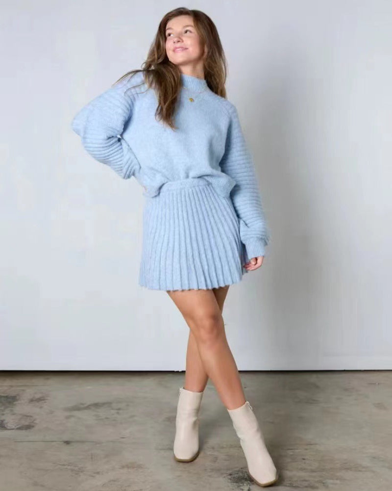 Women's Two Piece Outfits Turtleneck Long Sleeve Ribbed Knit Tops Pleated Mini Skirt 2025 Casual Sweater Sets