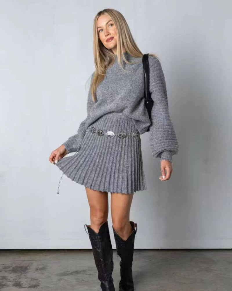 Women's Two Piece Outfits Turtleneck Long Sleeve Ribbed Knit Tops Pleated Mini Skirt 2025 Casual Sweater Sets