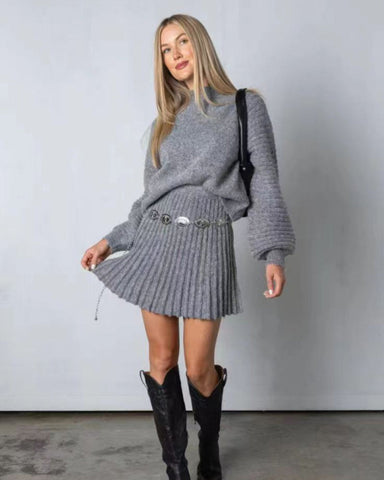 Women's Two Piece Outfits Turtleneck Long Sleeve Ribbed Knit Tops Pleated Mini Skirt 2025 Casual Sweater Sets