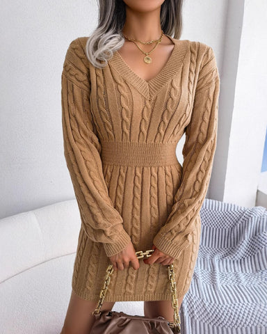 Women's V-Neck Cable Knit Drop Shoulder Sweater Dress