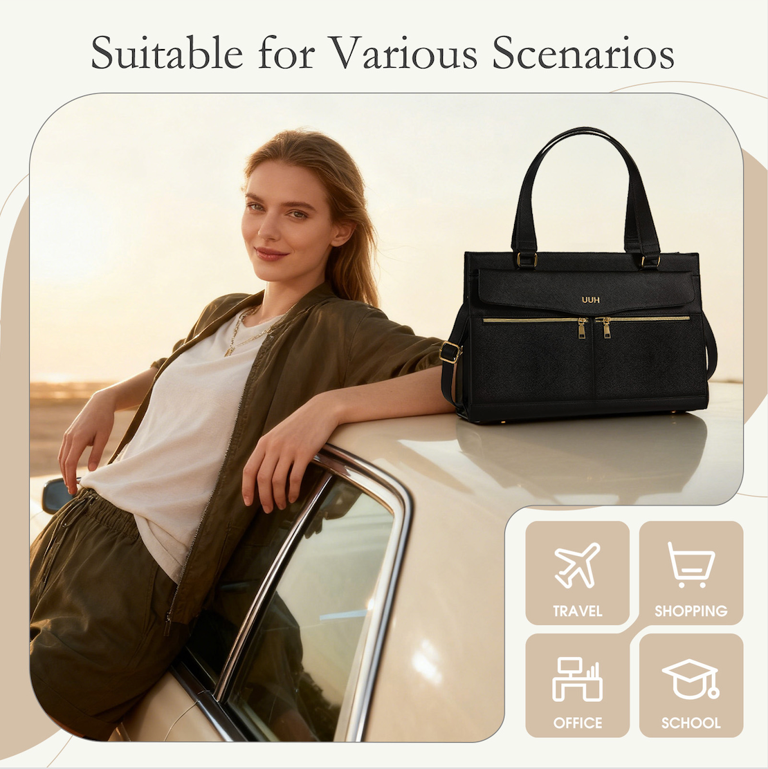 UUH Leather Laptop Tote Bag with Makeup Pouch