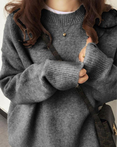 Women's Solid Drop Shoulder Long Sleeve Sweater Pullover