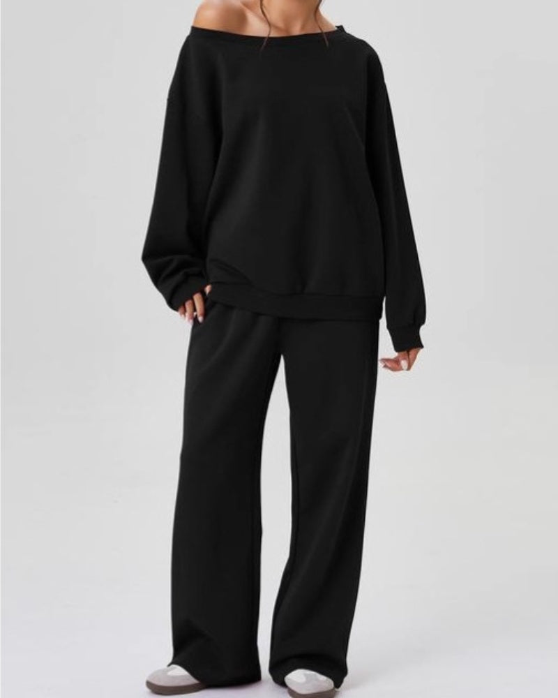 Women's Solid Off-Shoulder Top and Wide-Leg Pants Set