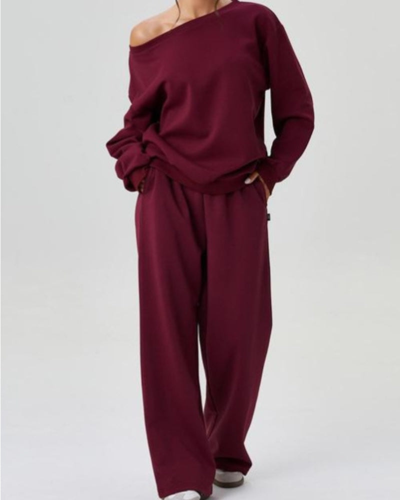 Women's Solid Off-Shoulder Top and Wide-Leg Pants Set