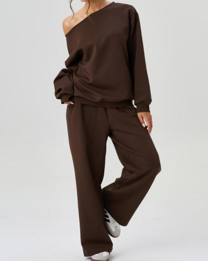 Women's Solid Off-Shoulder Top and Wide-Leg Pants Set