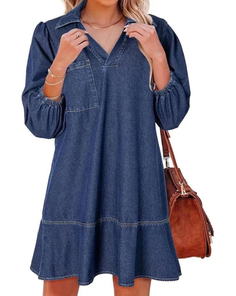 Women's V-Neck Puff Sleeve Denim Dress