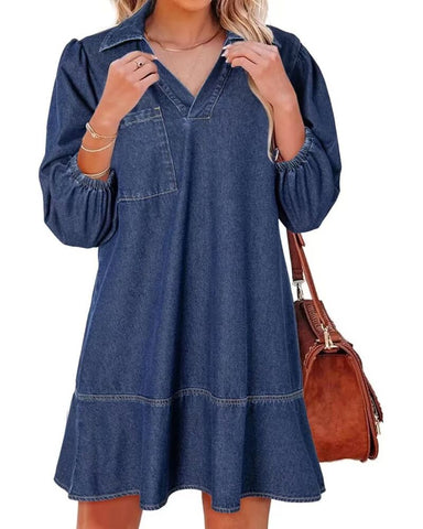 Women's V-Neck Puff Sleeve Denim Dress