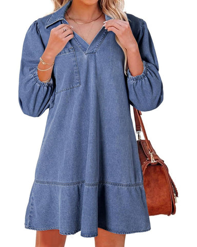 Women's V-Neck Puff Sleeve Denim Dress