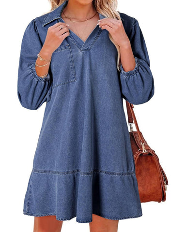 Women's V-Neck Puff Sleeve Denim Dress