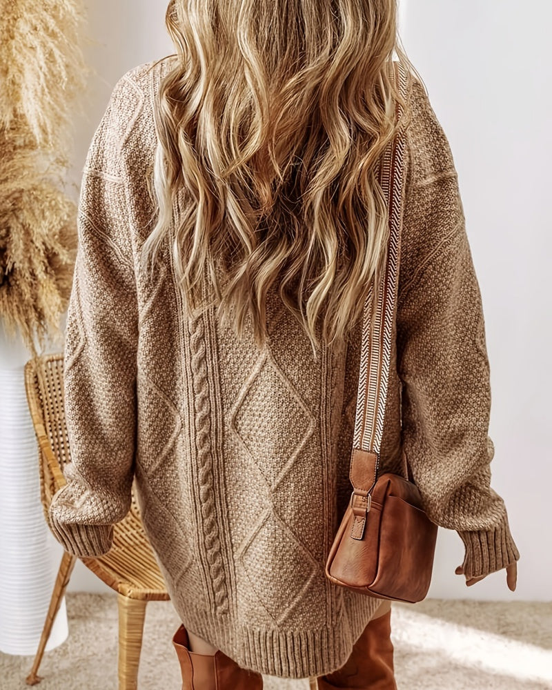 Women's Cable Knit Round Neck Mini Sweater Dress