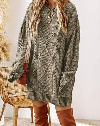 Women's Cable Knit Round Neck Mini Sweater Dress