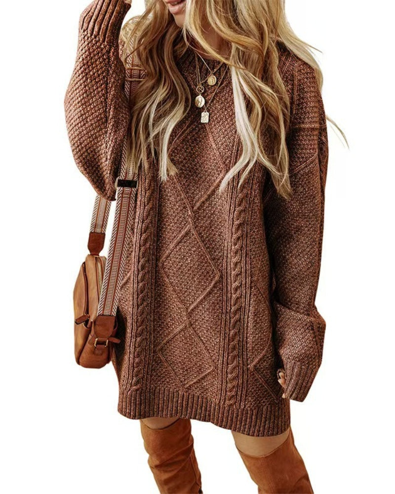 Women's Cable Knit Round Neck Mini Sweater Dress