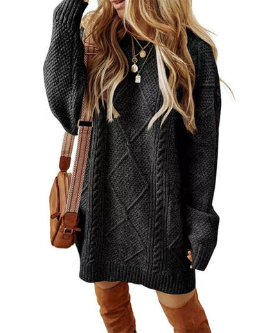 Women's Cable Knit Round Neck Mini Sweater Dress