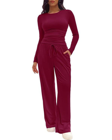 Women's Solid Ruched Loungewear Top and Wide-Leg Pants