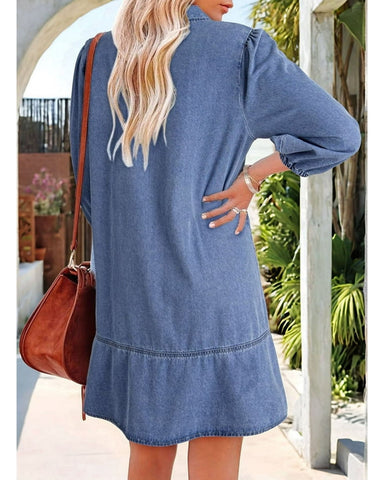 Women's V-Neck Puff Sleeve Denim Dress