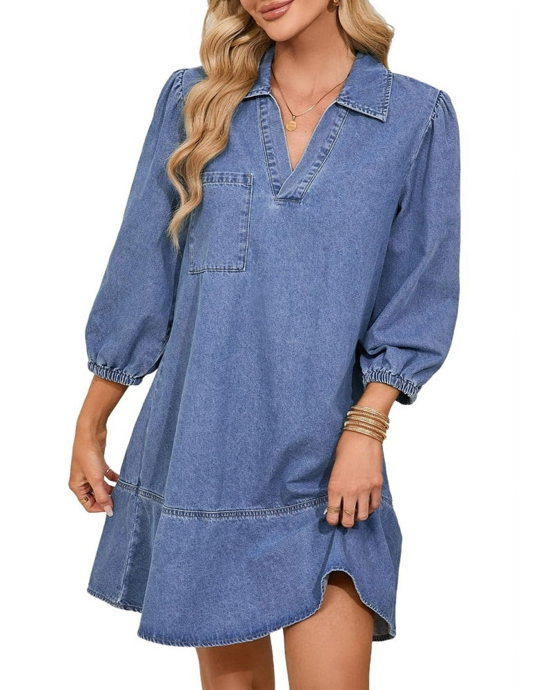 Women's V-Neck Puff Sleeve Denim Dress
