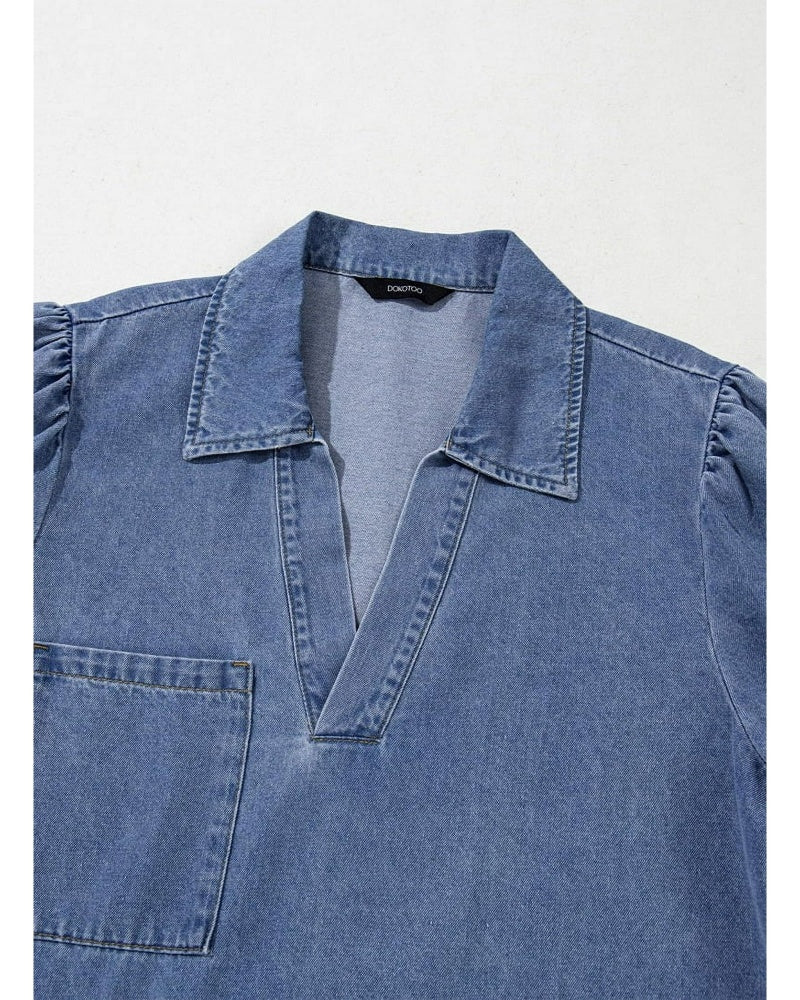 Women's V-Neck Puff Sleeve Denim Dress