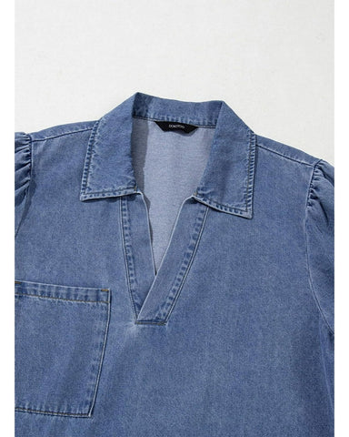 Women's V-Neck Puff Sleeve Denim Dress