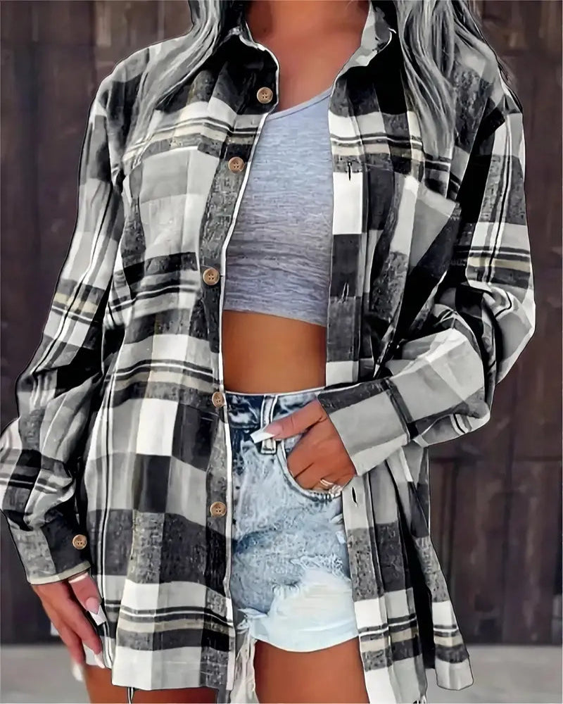 Women's Casual Plaid Shirt - Long Sleeve, Button-Up Front, Polyester