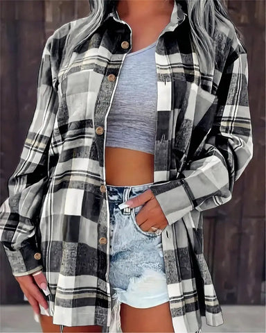 Women's Casual Plaid Shirt - Long Sleeve, Button-Up Front, Polyester