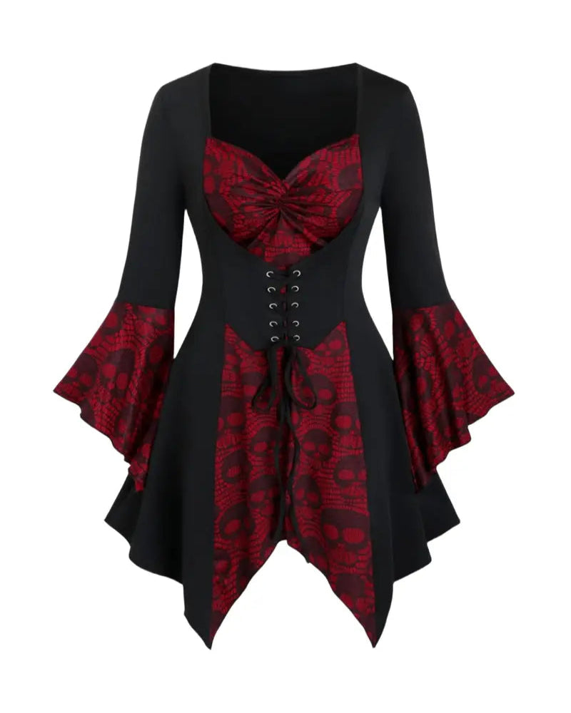 Halloween Women's Gothic Skull Print Top with Lace-Up Waist