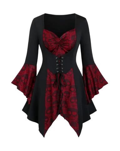 Halloween Women's Gothic Skull Print Top with Lace-Up Waist