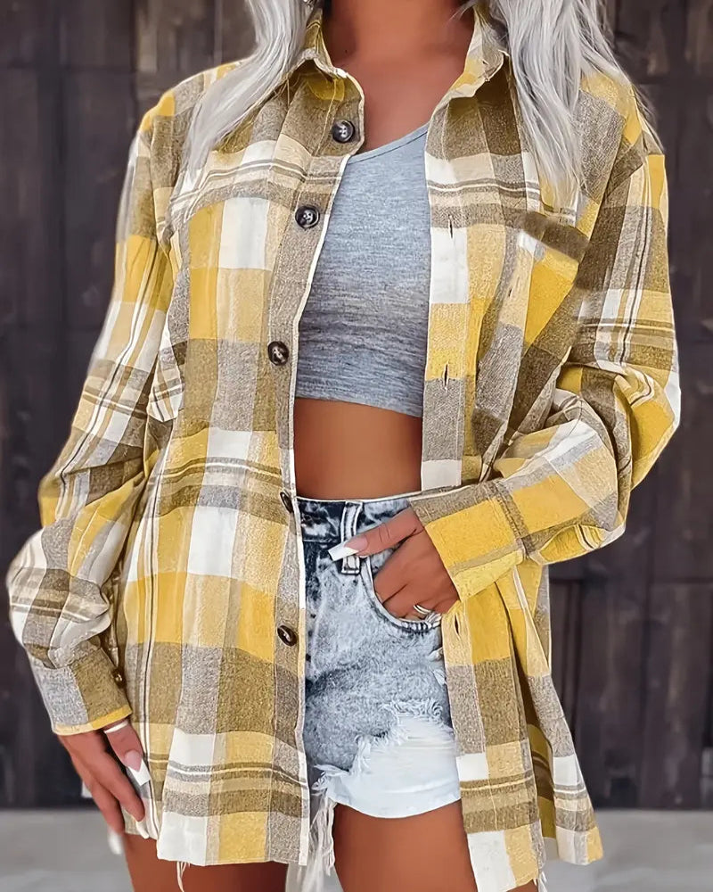 Women's Casual Plaid Shirt - Long Sleeve, Button-Up Front, Polyester
