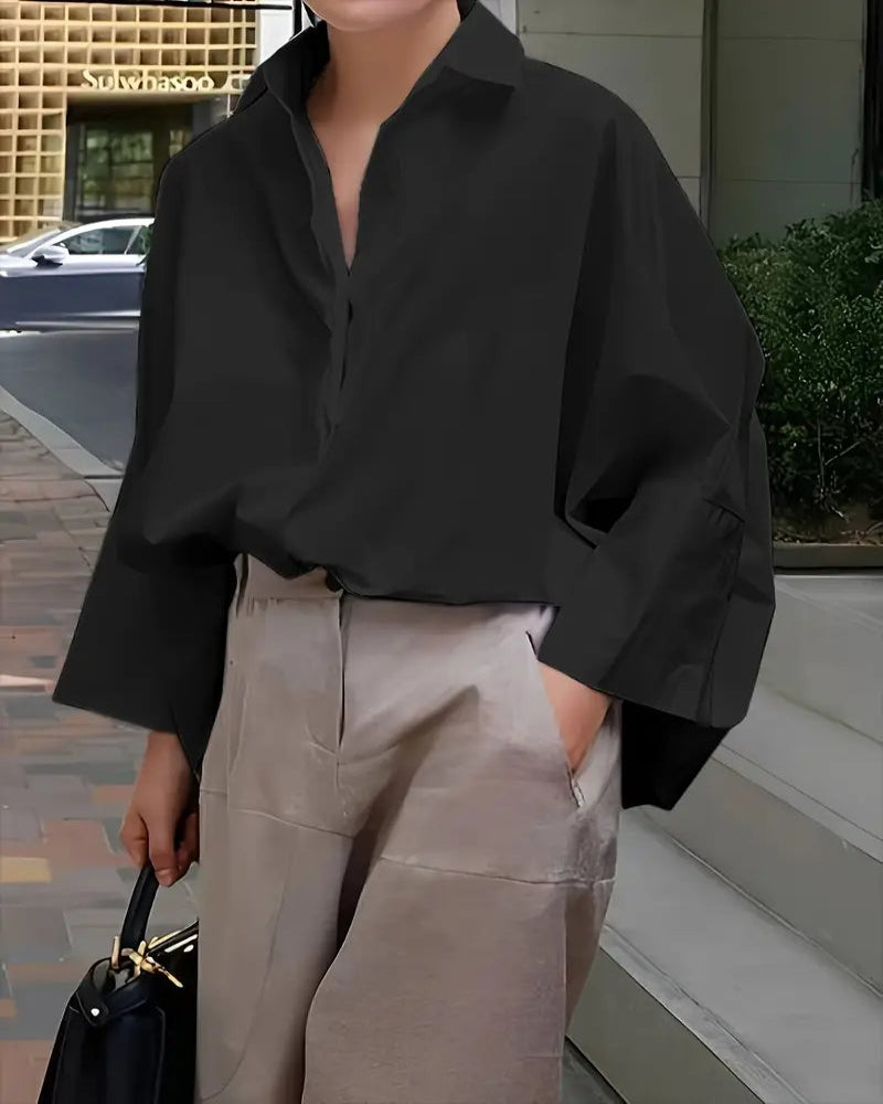 women's long-sleeved loose solid color lapel shirt tops