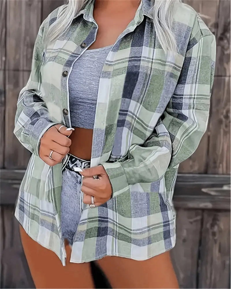 Women's Casual Plaid Shirt - Long Sleeve, Button-Up Front, Polyester