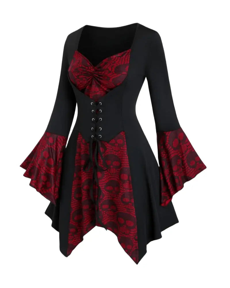 Halloween Women's Gothic Skull Print Top with Lace-Up Waist