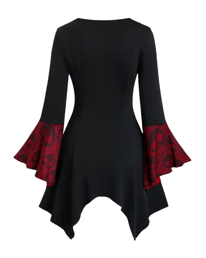 Halloween Women's Gothic Skull Print Top with Lace-Up Waist