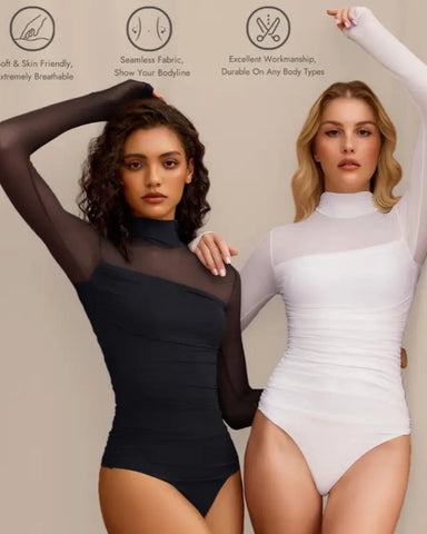Women's Long Sleeve Bodysuit Turtle Neck Ruched Mesh Shapewear Slim Fit Elegant Basic Tops
