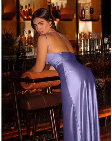 Women's Sexy One Shoulder Satin High Split Cocktail Fit Wedding Party Maxi Formal Dress