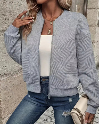 Textured Cropped Knit Bomber Jacket
