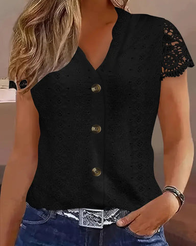 Women's Black V-Neck Lace Trim Button-Front T-Shirt