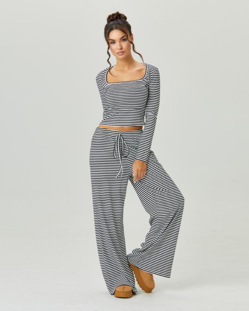 Women's Slouchy Square Neck Stripe Long Sleeve Crop Top & Low-Rise Wide Leg Trousers Co-ord