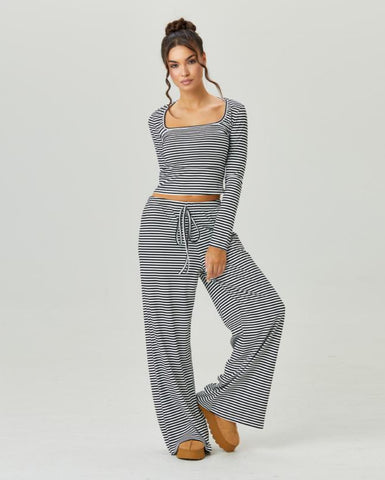 Women's Slouchy Square Neck Stripe Long Sleeve Crop Top & Low-Rise Wide Leg Trousers Co-ord