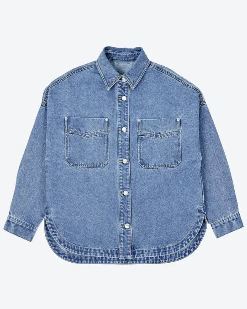 Women's Plain Button Front Drop Shoulder Curved Hem Denim Jacket